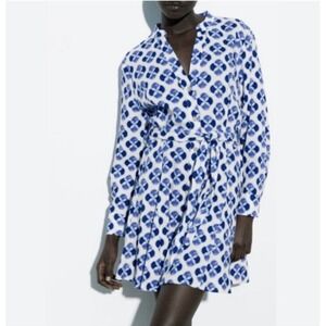 Zara Floral Linen Blend Shirt Dress Sz M Blue Geometric Artsy Button Front Boho‎